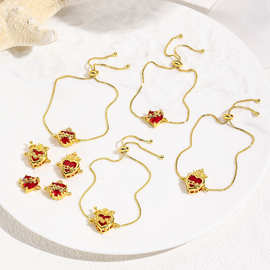 欧美个性冷淡红色皇冠爱心双孔手排轻奢气质百搭铜可调节手链饰品