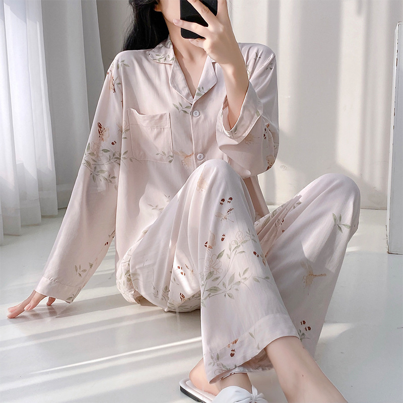 Spring and Summer Cotton Silk Long-sleeved Pajamas Women's Breathable Sweat-absorbent Skin-friendly Thin Cotton Silk Home Clothes Loose suit Artificial Cotton Spring and Summer Cotton Silk Long-sleeved Pajamas Women's Breathable Sweat-absorbent Skin-friendly Thin Cotton Silk Home Clothes Loose suit Artificial Cotton