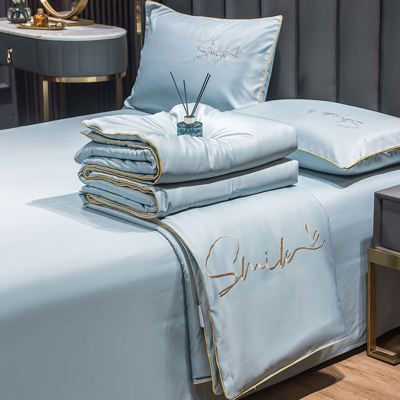 Summer Ice Silk Air-Conditioning Quilt, Washable Summer Quilt, Four-Piece Set, Tencel Thin Style, Dormitory Single/Double Skin-Friendly Quilt