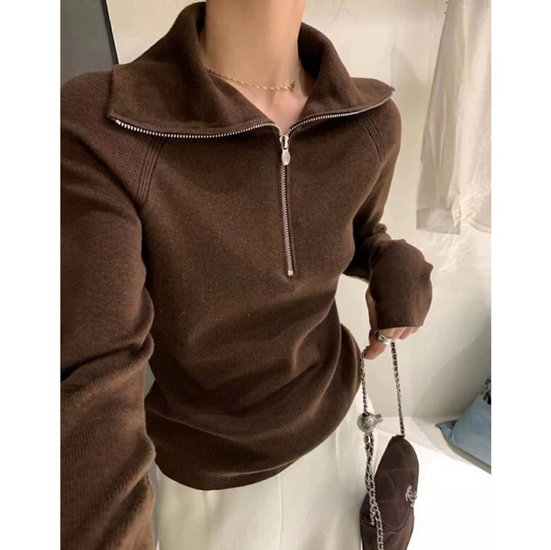 Half-Zip High-Neck Lapel Knitted Bottoming Sweater for Women in Winter Design Slim Sweater with Brown Long-Sleeved Top