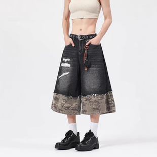 American Design Retro Hand-Stitched Camouflage Splicing Denim Shorts for Men and Women in Summer, Handsome Loose Cropped Pants Trendy Brand