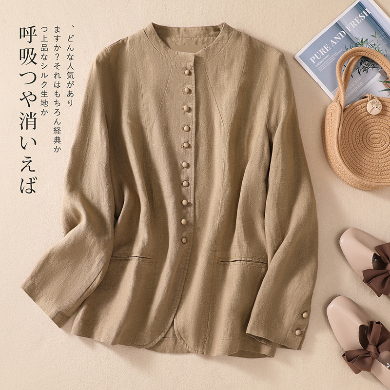 Real Shot of Ready-Made Cotton and Linen Suit Jackets for Women in Spring and Autum New Thin Loose Tops with Artistic Chinese Stand-Up Collar Suits