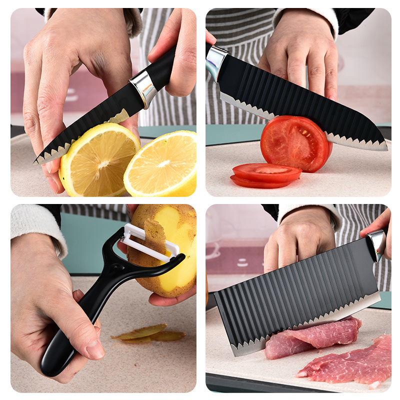 Fábrica directa de comercio exterior nueva cocina doméstica cuchillo de acero inoxidable cuchillo de cocina ondulado cuatro piezas en stock