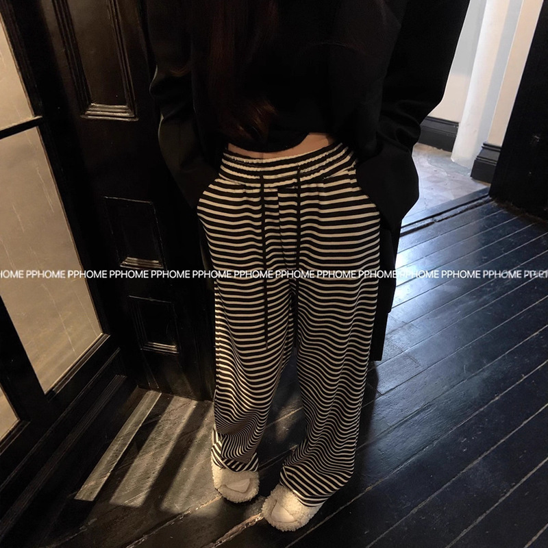 百搭舒适条纹休闲裤女宽松直筒显瘦遛弯裤黑白条纹宽松运动裤子女|undefined