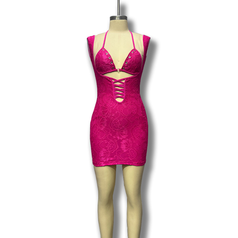 2024 primavera nueva ropa de mujer sexy delgada cuello Jacquard bolsa de cadera vestido de cinturón hueco de hebilla de metal falda
