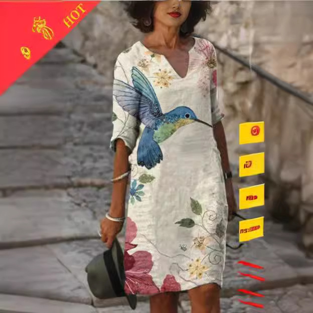 European and American 2021 spring and summer new independent station women's clothing Amazon wish independent station short sleeve V-neck Printing Dress