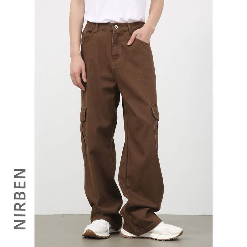 Nirben Denim | Basic Half-elastic Waist Fashion Casual Overalls Loose Straight Leg Pants Jeans