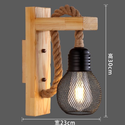 Wood color (with grid lampshade) hemp rope wall lamp