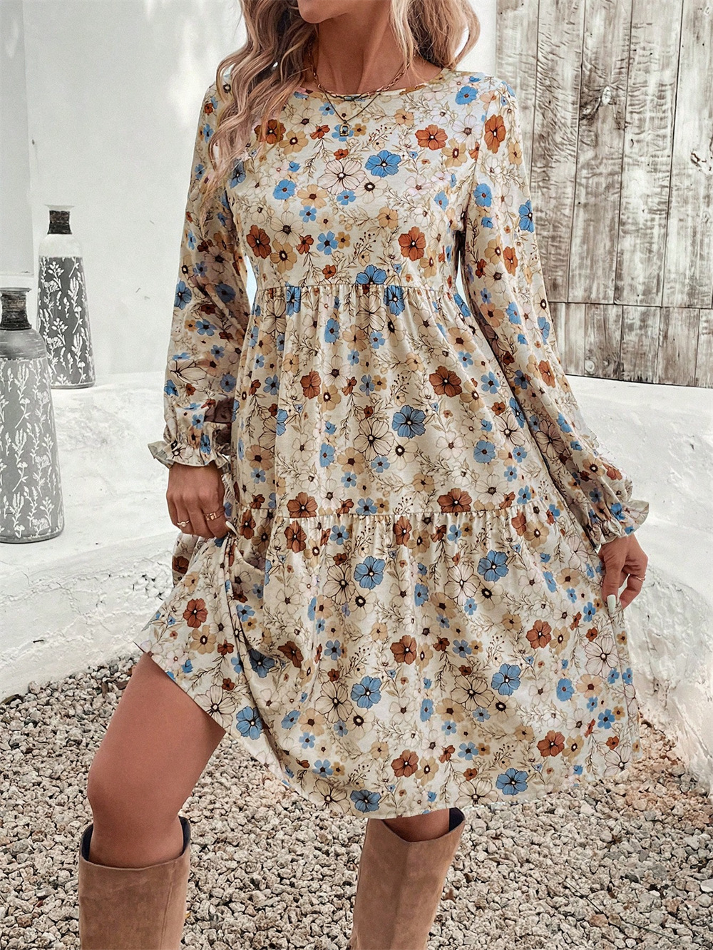 Printed round Neck Lantern Sleeve Frill Loose Casual Dress Autumn 6 Printed round Neck Lantern Sleeve Frill Loose Casual Dress Autumn