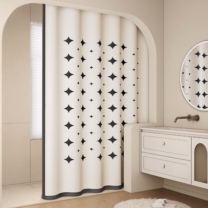 French-style waterproof shower curtain with simple geometric print, waterproof and mold-resistant shower curtain door curtain, dry-wet separation divider curtain, decorative