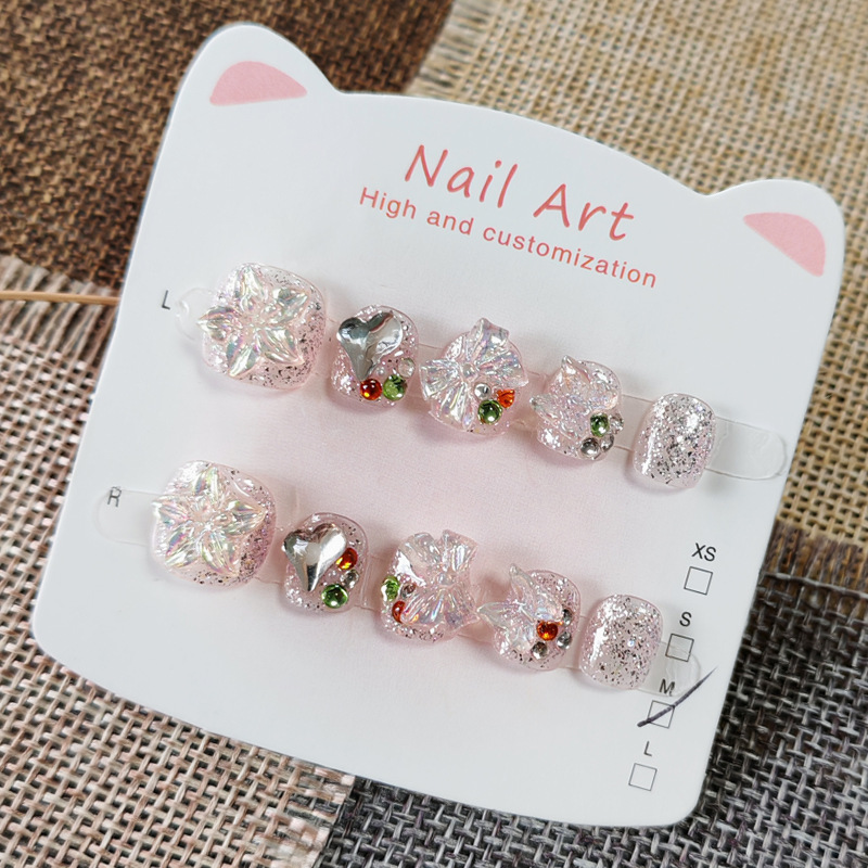Sparkling Diamond Flower Butterfly Children's Handmade Wearable Nails for 3-6-12 Year Old Students, Nail Stickers That Enhance Complexion, New Year