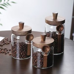 高ホウ素シリコンガラスコーヒー豆缶スプーン付き密封缶キッチン雑穀収納缶貯蔵缶レトロ実木蓋