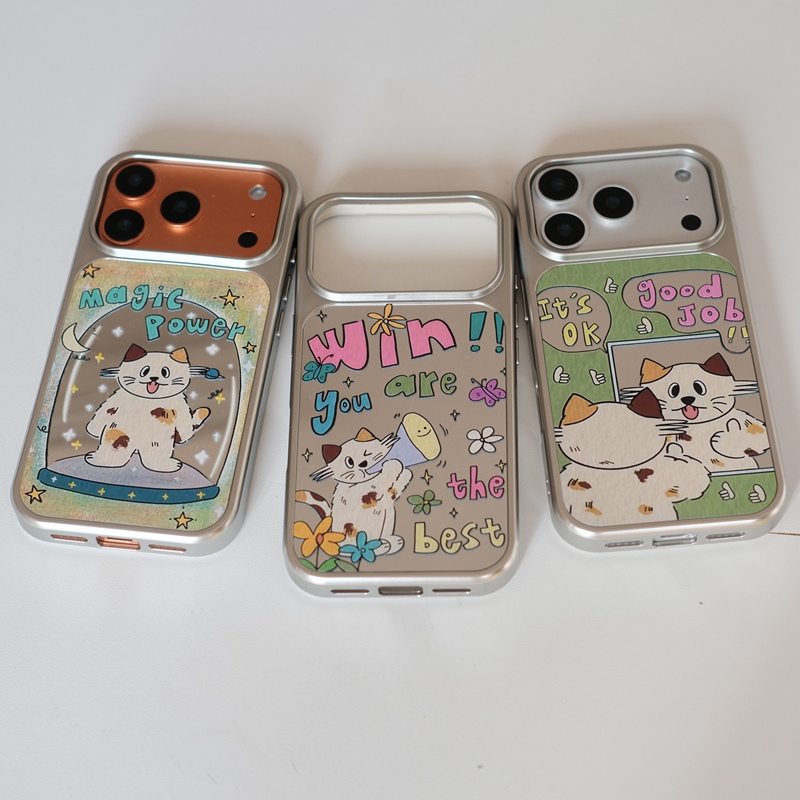 Summer Mirror Cat New Phone Case Iphone17 Silver Edge Apple 16Promax Illustration Style Kitten Case
