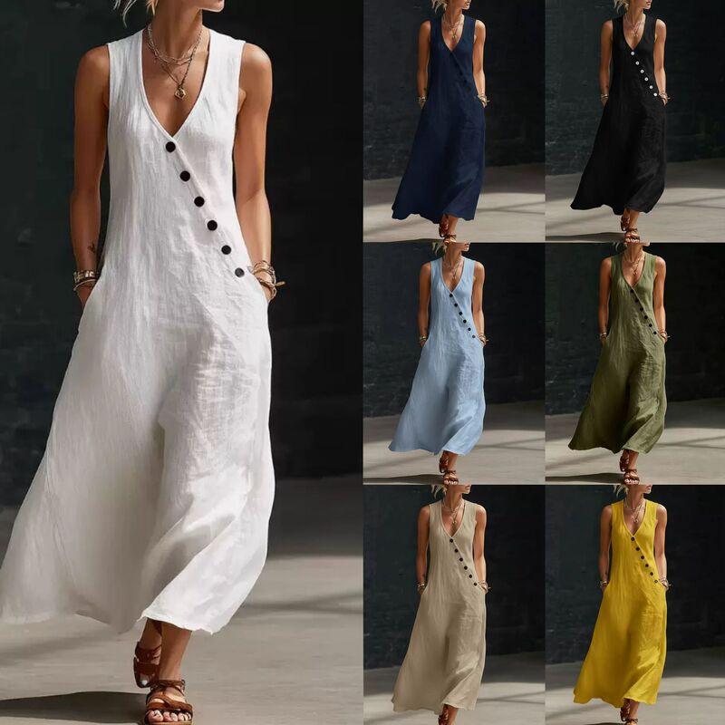In-Stock Amazon Summer Cross-Border V-Neck Sleeveless Diagonal Button Vest Dress Long Women's Vacation Casual Dress