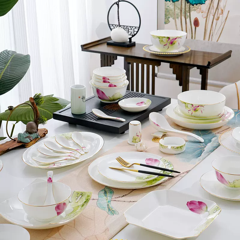 荷花爱莲说骨瓷餐具中式家用碗盘碟子碗自由搭配组合碗碟盘子菜盘