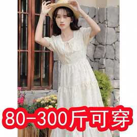 特大码300斤胖法式清新桔梗茶歇连衣裙夏宽松遮肚显瘦碎花字裙