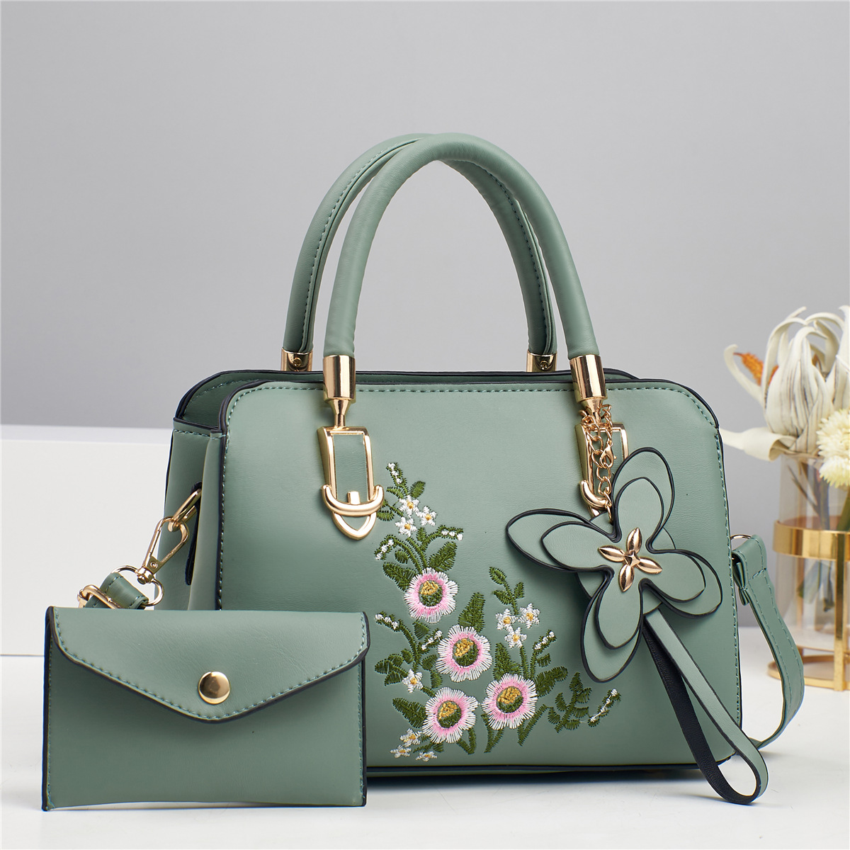 762g Weight Women's Medium Pu Leather Flower Elegant Sewing Thread Square Zipper Bag Sets