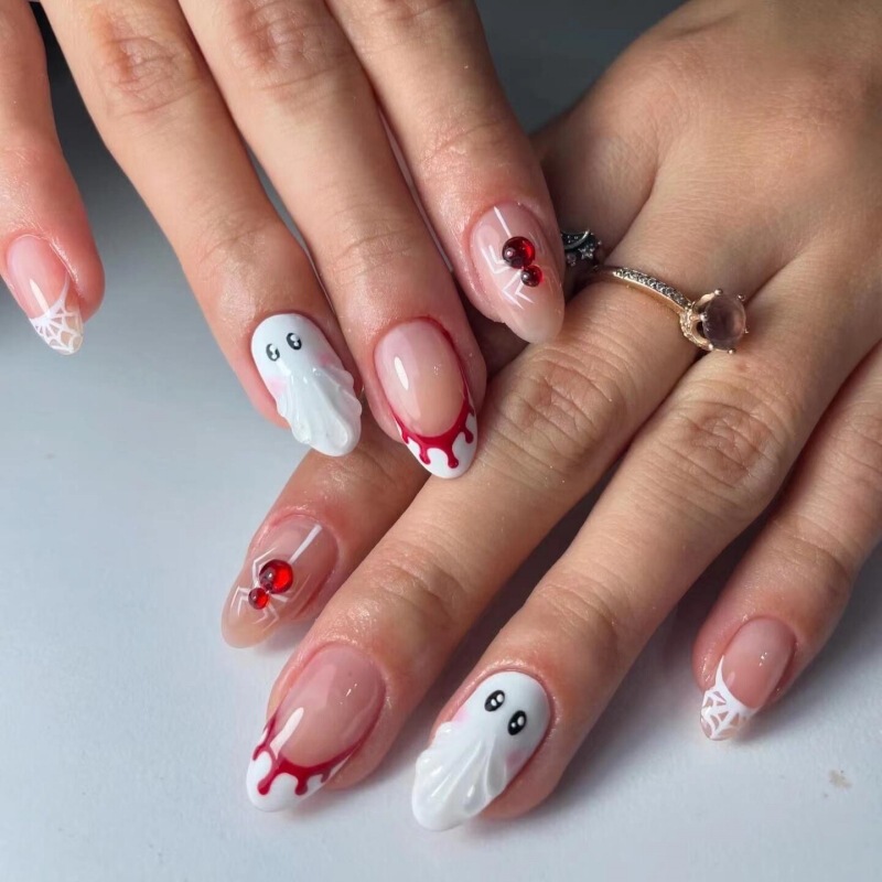 New Cute Ghost Halloween Wearable Nails Cartoon 3D Spider Handmade Rhinestone Almond-Shaped Fake Nails 24 Pieces