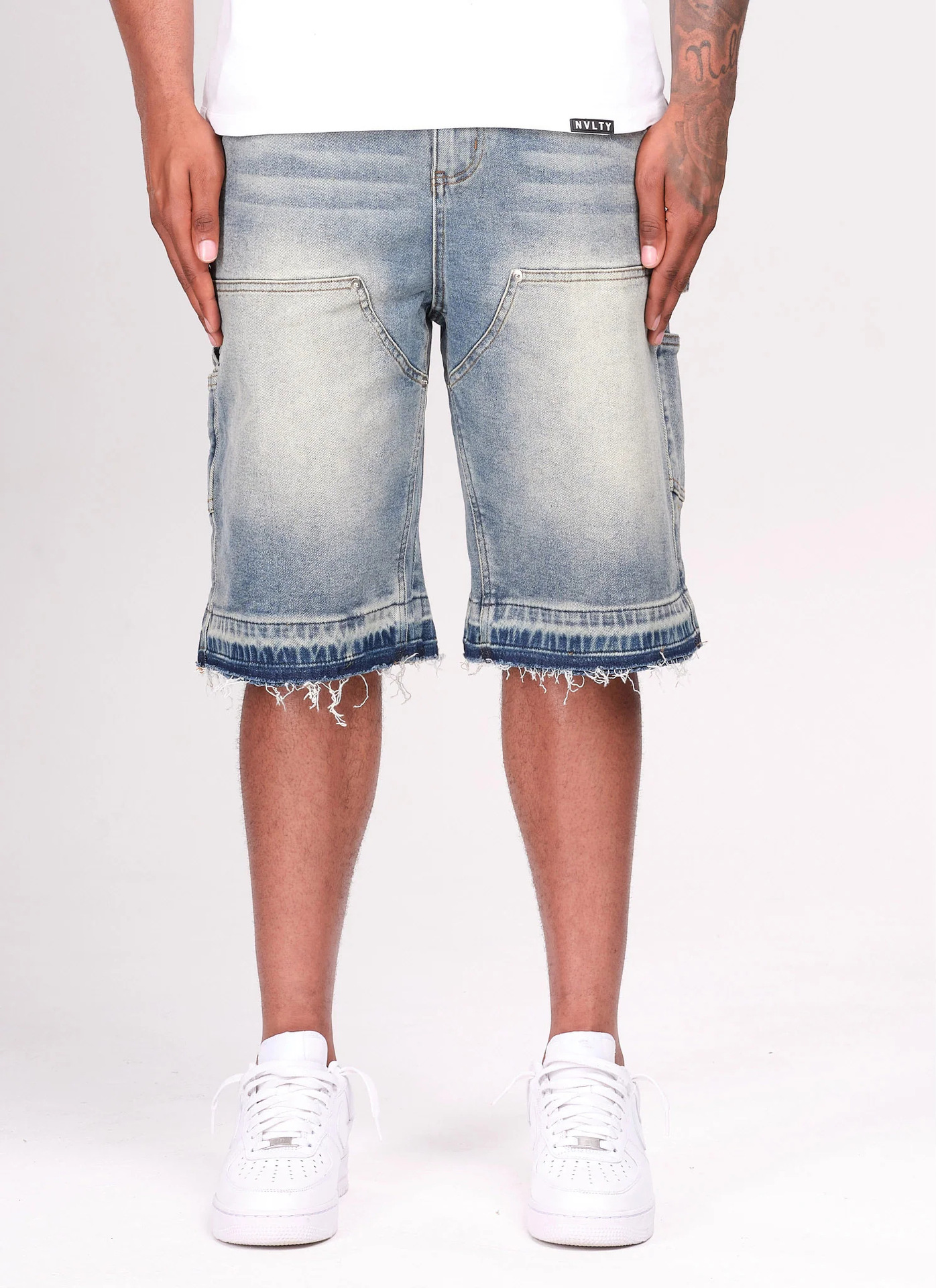 Men's Low Waist Loose Straight Leg Denim Shorts Blue Washed Raw Edge Casual Summer Shorts_mkmklike.com