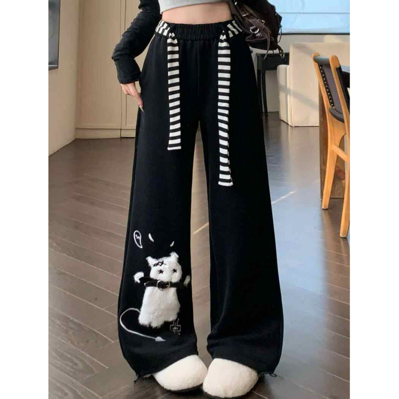 New Versatile American-Style Cute Cat Print Black Casual Sweatpants for Women, Spring and Summer Lazy Style, Loose Wide-Leg Pants