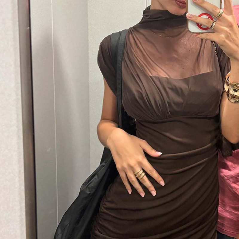 Amazon Europa y América transfronterizos ropa de mujer invierno nuevo sexy cintura cosida bolsa de malla vestido de cadera larga mujer image 3