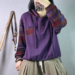条纹拼接卫衣女 2025秋新款复古宽松连帽下摆抽绳套头上衣 2535