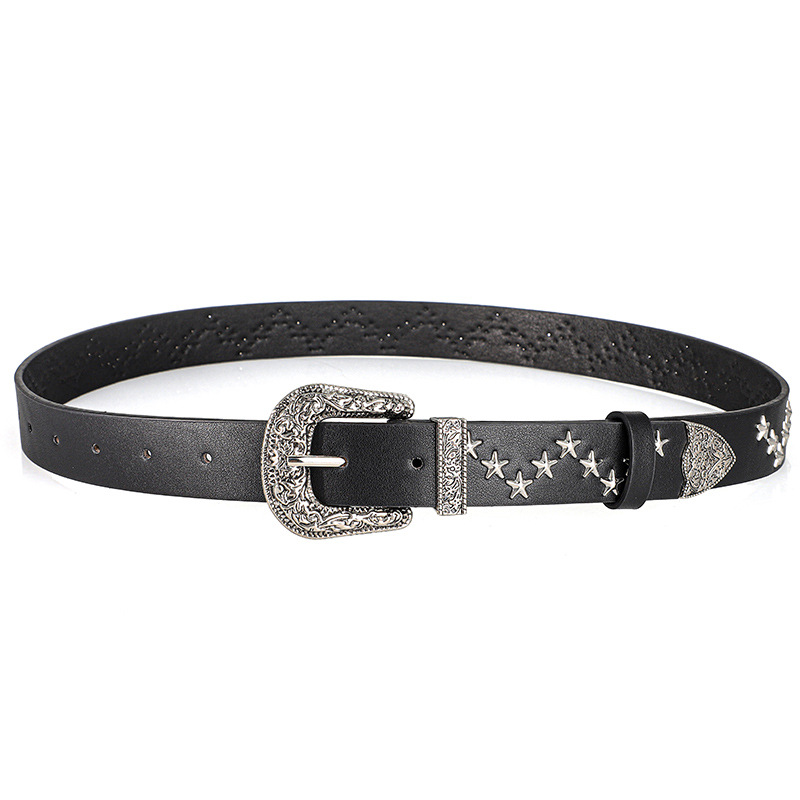 Herren- und Damengürtel Trend Pentagramm Niete Punk-Stil, Vintage geschnitzte Schnalle PU-Ledergürtel, Subkultur Rock Hip-Hop Y2k Gürtel – Detail 1