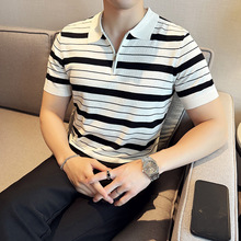 夏季短袖POLO衫男韩版复古条纹个性拉链半袖2024休闲T恤男青少年