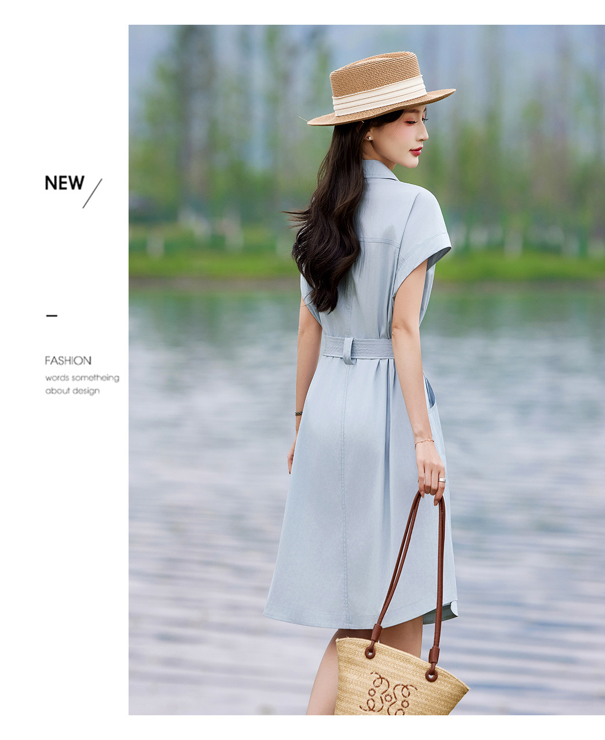 Đầm polo nữ cổ bẻ thắt eo dáng suông midi mùa hè — màu xanh nhạt, màu trắng ngà chi tiết 14