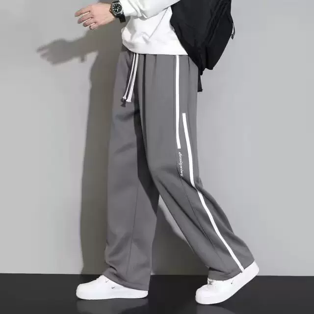 男士秋冬时尚个性两条杠直筒休闲长裤男青少年百搭垂感阔腿运动裤