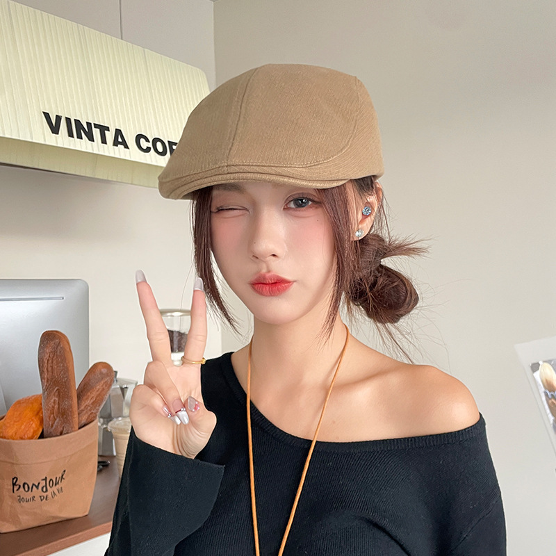 帽子女秋冬季大头围毛呢前进帽纯色复古百搭保暖鸭舌贝雷帽画家帽|undefined