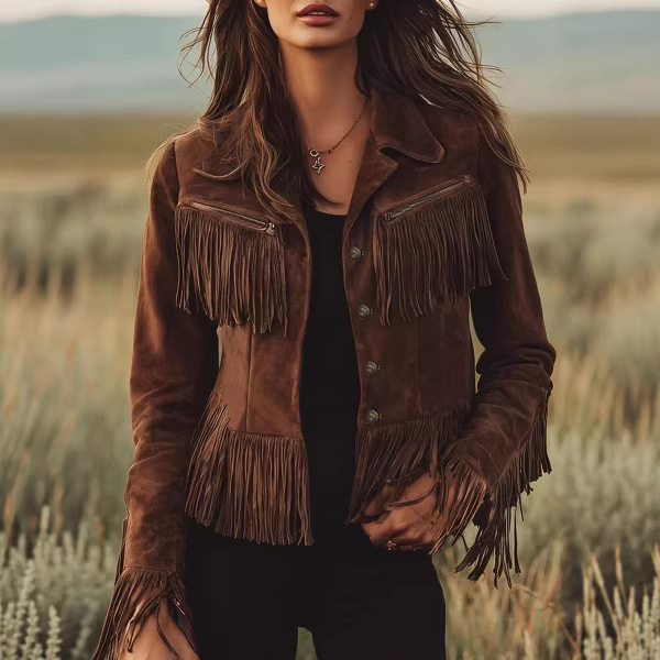 Cross-Border European Size Autumn and Winter Women's Bohemian Style Tassel Suede Jacket