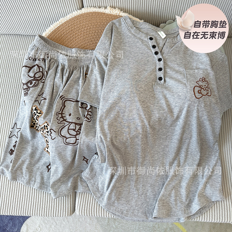 Soft and comfortable women's pajamas with built-in chest pads, featuring a new summer short-sleeved and short-legged design, a cute cartoon cat print, and a relaxed, casual style that can also be worn as loungewear