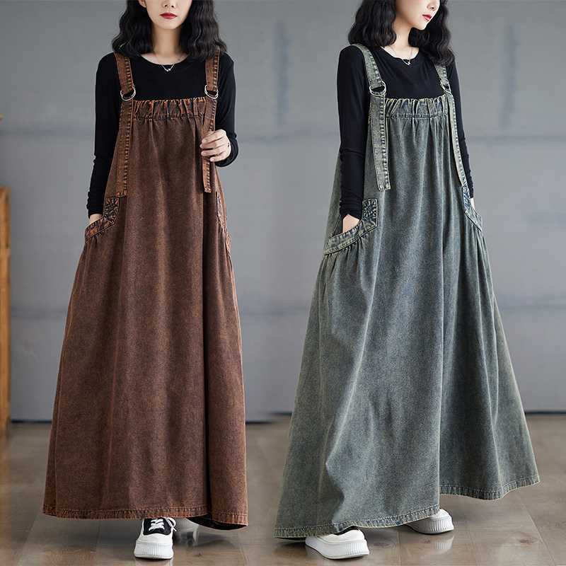 Spring Summer Autumn Winter Craft Denim Stir-fried Color Color Retro Loose Slimming Denim Strb Skirt Long Large Swing dress