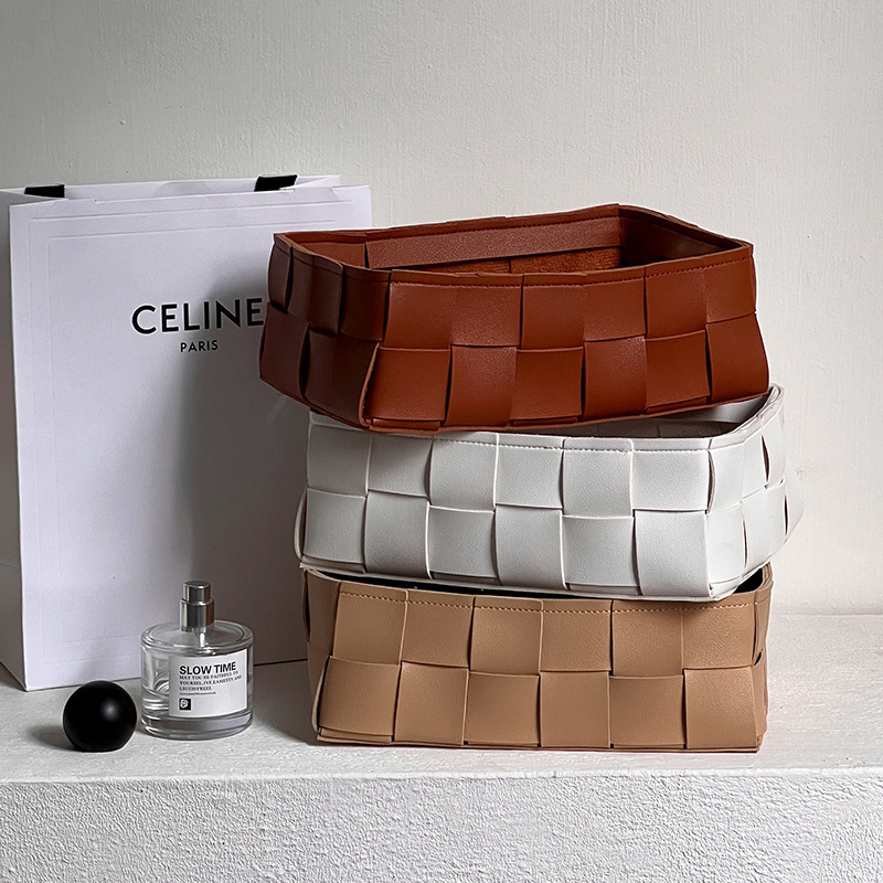 Simple leather woven storage basket key decoration living room entrance desktop storage basket cosmetics storage box