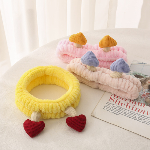 Korean-style high-end cute 3D mushroom hair tie wholesale hairband for girls, sweet beauty makeup washable hair tie