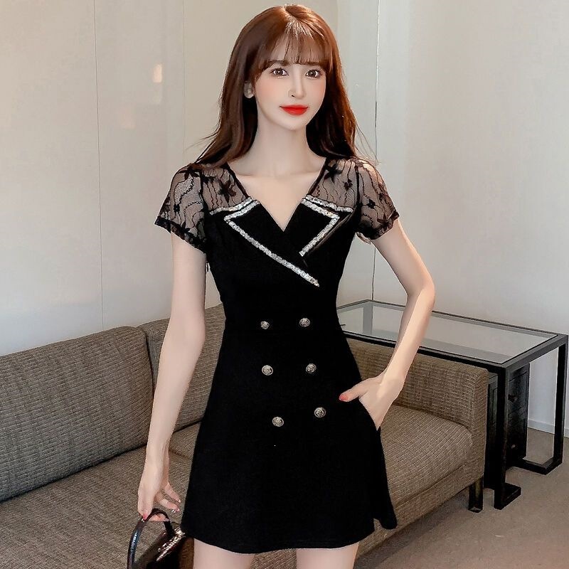 2026 New Summer Fashion Slim-Fit Lace Hollow-Out Patchwork Double-Breasted Two-Piece Dress Set for Women