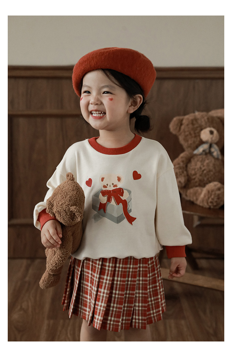 Qiu Duomeng Girls' Cartoon Little Bear Sweater Checkered Set 2024 New Spring and Autumn Children's Top Half Skirt_voghion.com