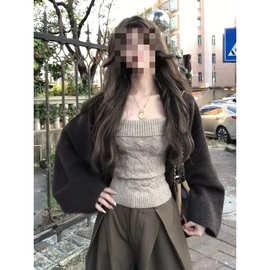 法式复古风套装春季新款绞花显瘦内搭女纯色蝙蝠袖披肩针织两件套