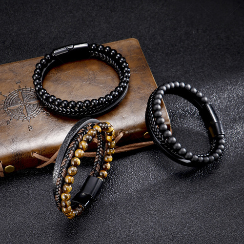 Amazon Stainless Steel Natural Tiger Eye Stone Bracelet Beads Men's Handmade Agate Bracelet Foreign Trade Accessories 