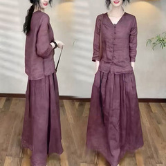 复古休闲棉麻套装女秋季新款V领盘扣上衣时尚大码半身裙两件套潮