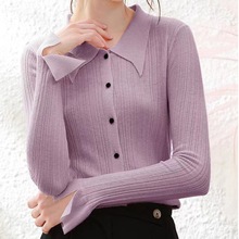 超细长袖针织衫女2023秋冬新款娃娃领开衫开叉软糯针织毛衣