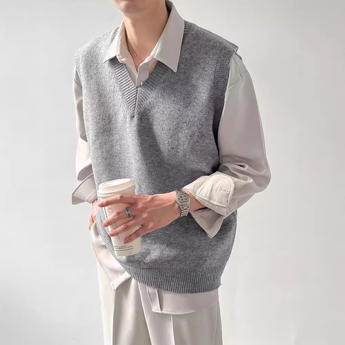 Spring Autumn Winter Korean Version Loose Knitted Underwear Sleeveless Vest Men's Inner Wear Top Hooded V-neck Sweater Waistcoat 
