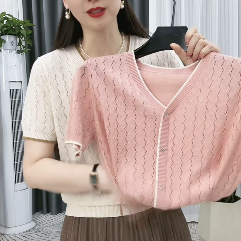 卸売価格 2025 半袖レディース新しい夏の襟ニットセータートップルーズシャツ薄いアイスシルクボトリングシャツ|undefined
