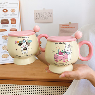 Mug with Lid Spoon Cute Ins Style Cup High Color Value Ceramic Water Cup for Girls' Birthday Gift Accompanying Gift
