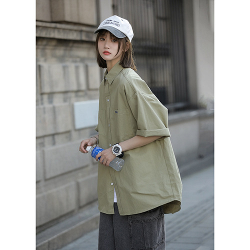 Green Workwear Short-Sleeve Shirt for Men, Trendy Brand, City Boy, Japanese Couple's Style, 7/8 Sleeve Blouse, Summer Thin Version