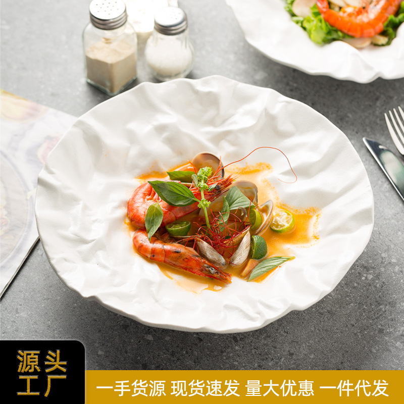 Japanese-Style Deep Dish with Textured Folds, Restaurant High-End Sashimi Plating, Hotel Tableware Frosted Soup Plate, Salad Plate Japanese-Style Deep Dish with Textured Folds, Restaurant High-End Sashimi Plating, Hotel Tableware Frosted Soup Plate, Salad Plate