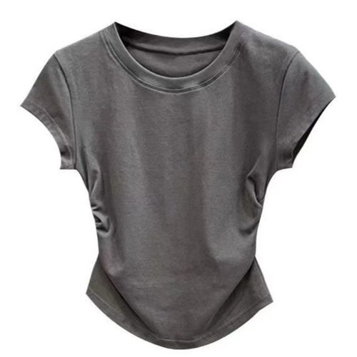 Ins sluts pure desire waist-cinching t-shirt short-sleeve women's summer solid color base crew neck top women's fashion