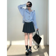 土星条纹 订织定染面料连帽条纹短款衬衫衬衣宽松长袖上衣女秋款