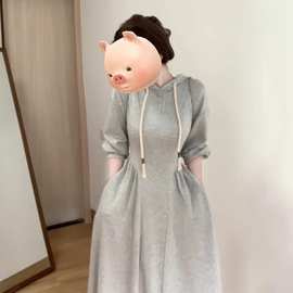 小个子灰色连帽长袖连衣裙女深秋初冬季2026新款韩系穿搭卫衣长裙